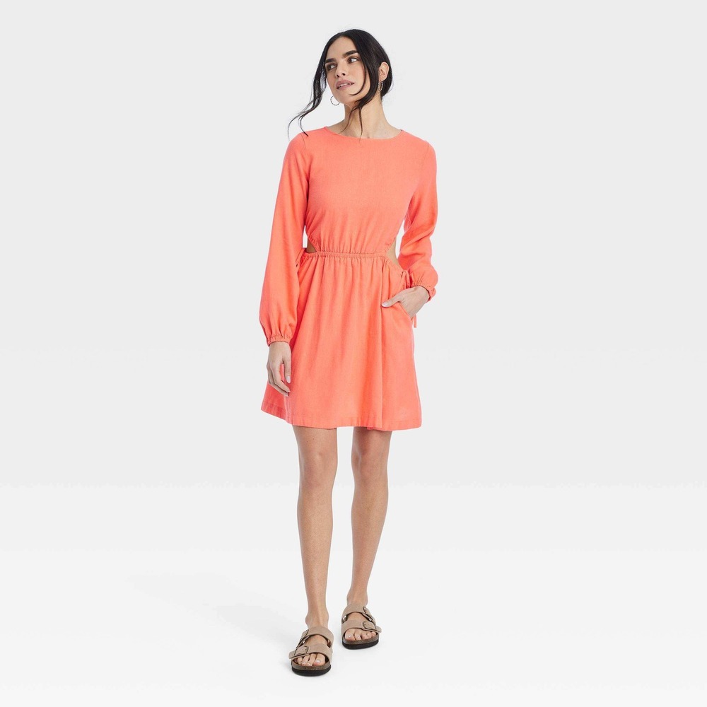 Universal Thread‎ Balloon Sleeve Coral Linen Blend Cutout Waist Midi Dress Sz XL